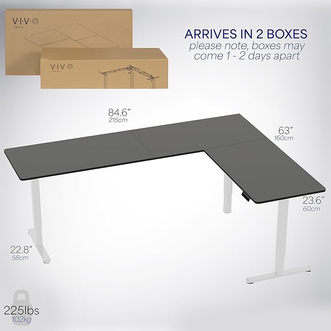 VIVO Corner Standing Desk 84 x 63 inch Reversible L-Shaped Workstation Electric Height Adjustment Home Office and Reception Rooms Black Table Top White Frame DESK-E3CTWB-84