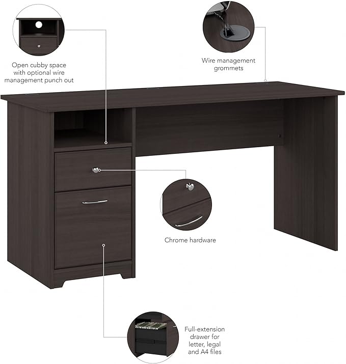 Bush Furniture Cabot 60W Office Desks for Home Office with Storage and Chrome Hardware Elegant Computer Table with Drawers Heather Gray