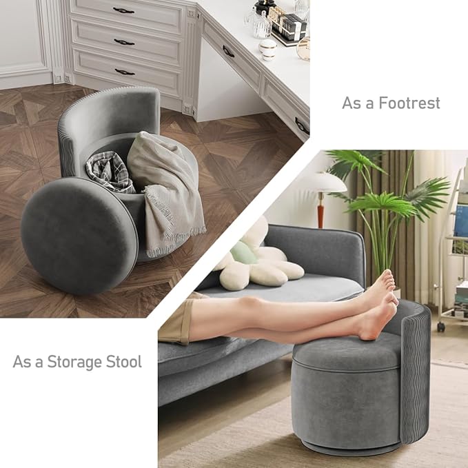 360° Swivel Accent Chair with Storage Vanity Stool with Back Velvet Storage Ottoman Upholstered Round Barrel Vanity Chair for Living Room Makeup Room Bedroom (Gray)