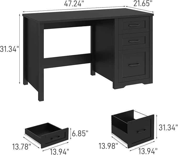 Vabches Farmhouse 47” Executive Desk with File Drawer Mutual Installation Rustic Computer Desk with 2 Storage DrawersOffice Home Workstation for Work Study Writing Black