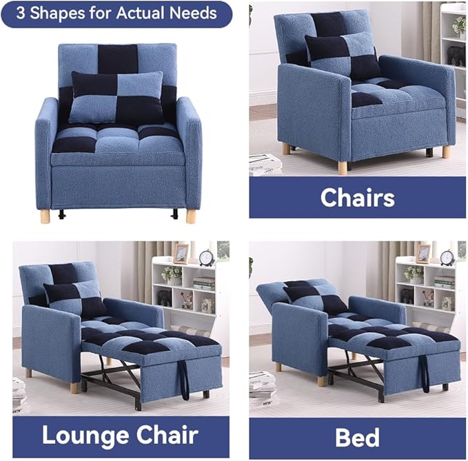 Sleeper Chair Bed - Convertible Single Sofa Chair Bed with PillowPull Out Sleeper Bed with Adjustable BackrestMulti-Functional Lounge Chair with Teddy Fabric for ApartmentLiving Room (Blue)