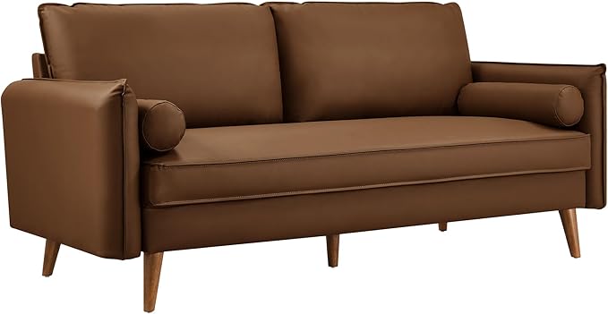 Modway Revive 72 Inch Faux Leather Sofa in Brown – 3 Seater PU Leather Couch with Cozy Wide Seats - Mid-Century Modern Upholstered Sofa for Living Room or Office