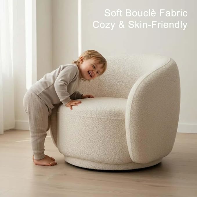 Modern Boucle Swivel Accent Chair Oversized Round Swivel Barrel Chair No-Assembly Single Sofa Chair with Thick Foam Comfy Cloud-Style Boucle Chair for Living Room &amp Bedroom Beige Round Chair