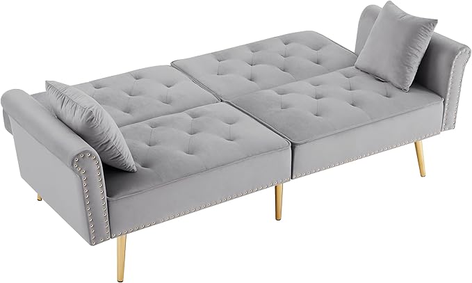 69.6 Velvet Tufted Sofa Couch Copper Nail Decoration Accent Sofa with Metal Legs 2 Pillows &amp Nailhead Trim Convertible Futon Couch Sleeper Sofa Loveseat Futon Sofa Bed for Living Room