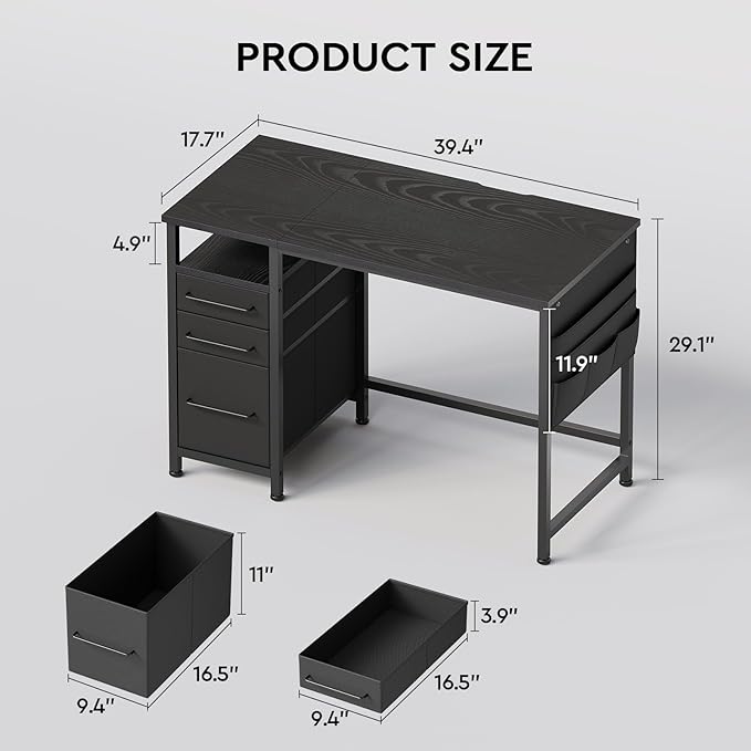 Ｍａｉｈａｉｌ Maihail Small Desk with Drawers 40 inch Computer Desk with Shelves Writing Desk with Storage Small Office Desk with Metal Frame Black