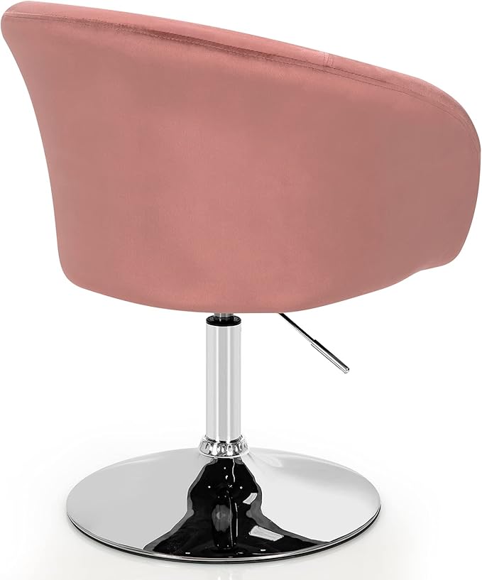 COSTWAY Vanity Chair Height Adjustable Modern Velvet Makeup Chair with Chrome Frame Round-Back Comfortable Swivel Accent Leisure Chair for Living Room Bedroom (Pink)