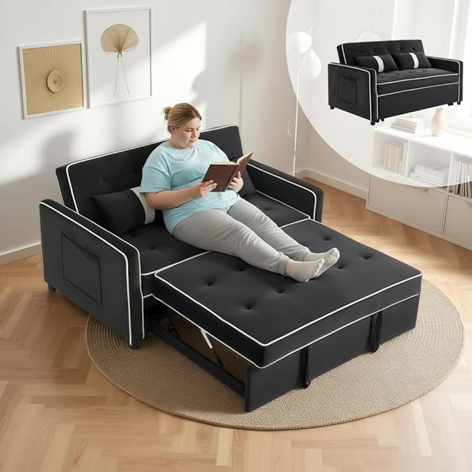 Loveseat Sleeper Sofa 3 in 1 Convertible Sofa Bed Adjustable Backrest Comfy Pull Out Couch Modern Upholstered Sofa for Living Room Bedroom Apartment Small Space (Black 1)