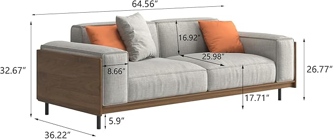 64.56 Mid-Century Modern 2-Seater Fabric Sofa Couch with Sturdy Solid Wood Frame &amp High-Density Rebound Foam Upholstered Futon-Style Furniture for Living Room Apartment Office Grey