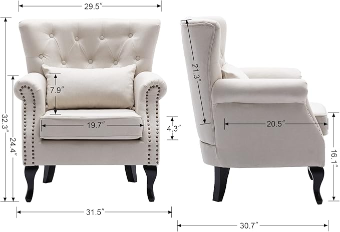 Mid Century Modern Accent Chair Upholstered Armchair Comfy Linen Fabric Single Sofa with Tufted Wingback for Small Spaces Bedroom Living Room Beige