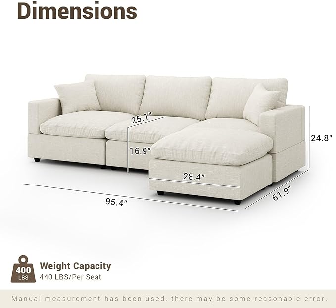Modular Cloud Sectional Couches for Living Room95.4 L-Shape Couch with Chaise Ottoman3 Seater Down Filled SofaDetachable Couch Cushion CoversBeige