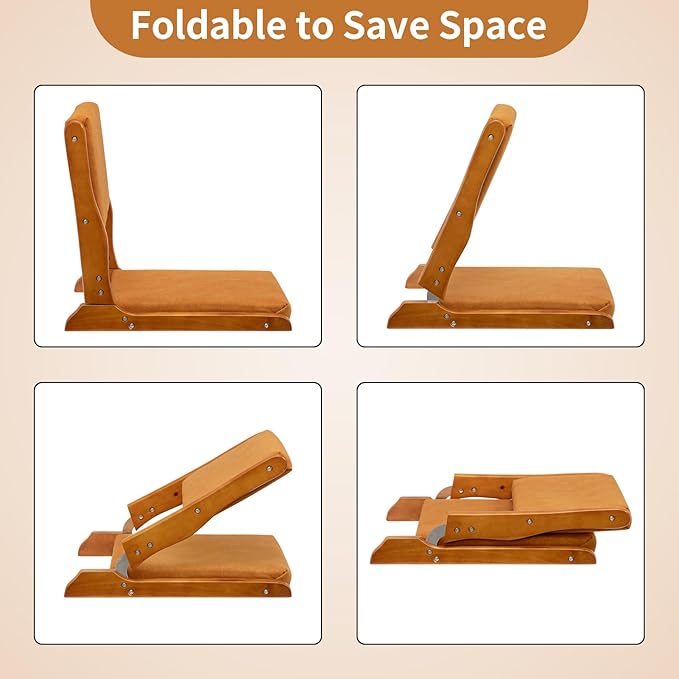 HollyHOME Foldable Japanese Style Floor Chair with Back Support Tatami Chair with Cushion Meditation Seat for Bay Window Living Room Bedroom Pumpkin Color