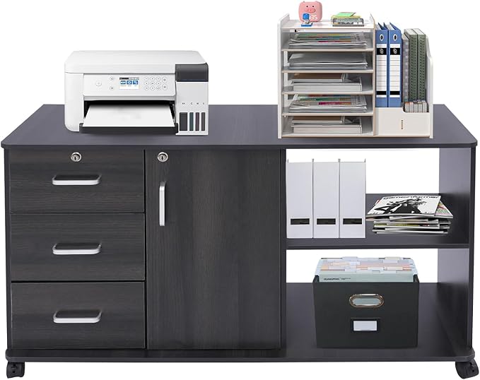 3 Drawer Mobile File Cabinet Wood Lateral Filing Cabinet Printer Stand with Open ShelvesLocking File Cabinets for Home Office