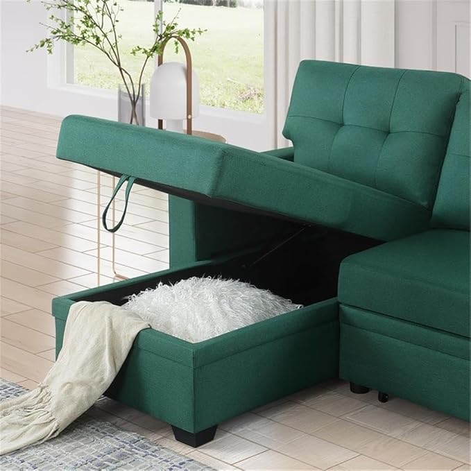 Devion Furniture L-Shaped Polyester Fabric Reversible Easy Convertible Pull-Out Sleeper Sectional Sofa/Storage Chaise with Tufted Back Cushions and Track Arms in Green