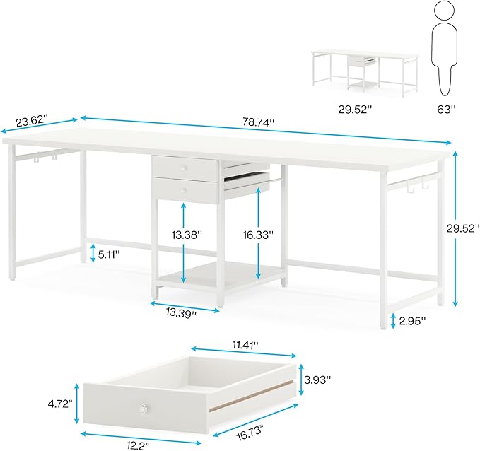 Tribesigns 78.74’’ Two Person Desk with 2 Drawers Long Double Computer Desk Gaming Table with Shelves Industrial Study Writing Table Workstation for Home Office White