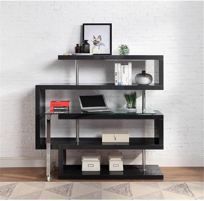 Pemberly Row L-Shaped Writing Desk with Glass Top Chrome and Black High Gloss Finish MDF and Tempered Glass 55 W x 24 D x 54 H 4 Shelves 360° Swivel Function Modern Home Office Desk