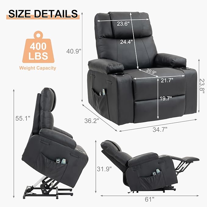 Power Lift Recliner Sofa Chair Electric Stand Assit for Elderly People Leather Reclining Chair with Cup Holders Massage &amp Heat Functions Living Room or Bedroom Furniture for Resting Black