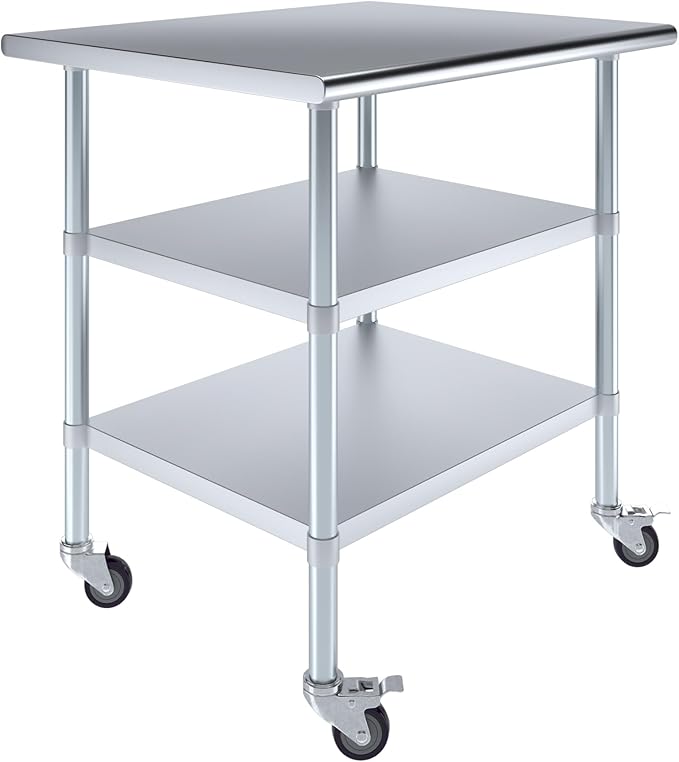 AmGood Stainless Steel Work Table with 2 Shelves and Casters | Metal Utility Table On Wheels (Stainless Steel Work Table with 2 Shelves + Casters 36 Long x 30 Deep)