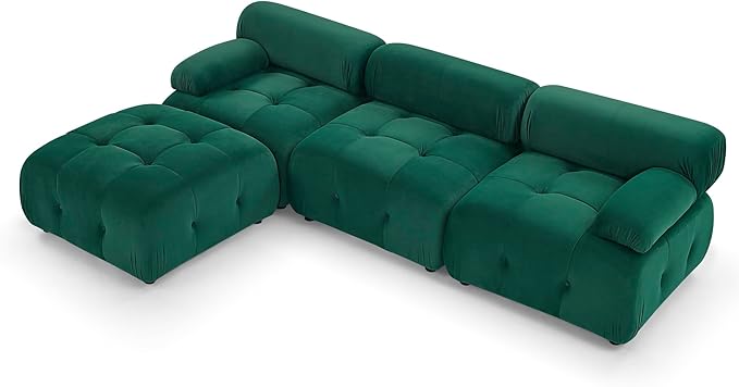 Bellemave L-Shape Sofa Couch Modular Sectional Sofa with Reversible Ottoman Velvet Upholstered Free Comnination Couch with Button Tufted Design Modern Oversized Couch for Living Room (Green)