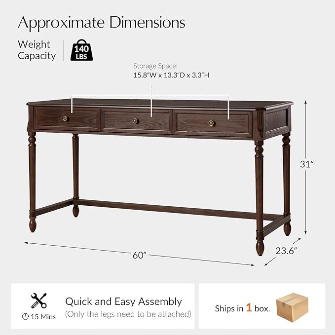 HULALA HOME 60 Home Office Desk with Storage 3 Drawers Writing Desk with Solid Wood Spindle Legs Wood Computer Desk with Charging Station Solid Wood Veneer Finish Auburn