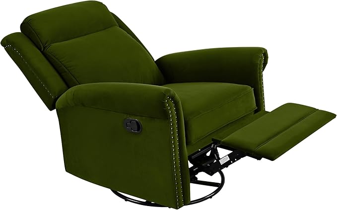 360° Swivel Recliner Chair with Adjustable Backrest Manual Rocking Recliner Home Theater Manual Recliner Chair with Metal Base and Velvet Fabric for Living Room (Green 2)