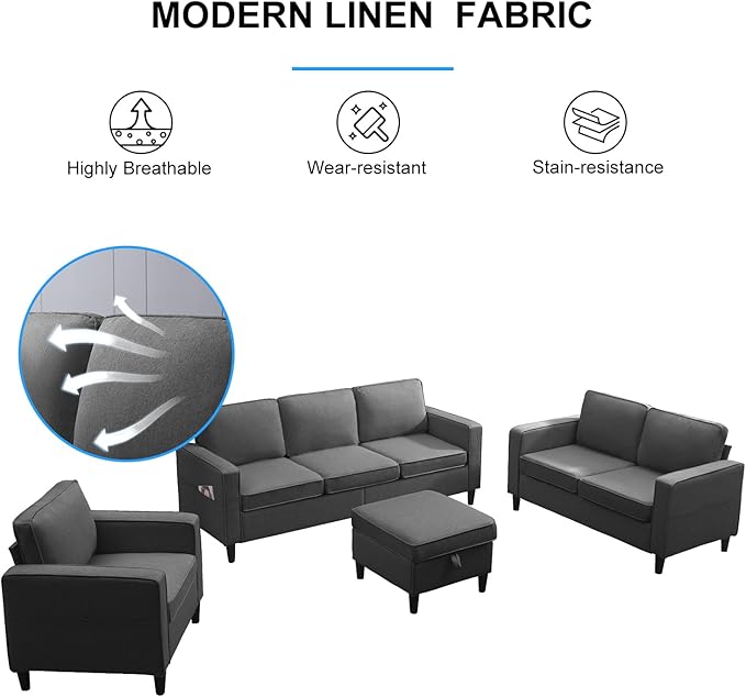 PUREMIND 3 Piece Living Room Sofa Sets Modern 3 Seater Sofa with Ottoman and Loveseat and Armchair Sets Linen Fabric L Shape Couch Set of 3 for Living Room Dark Grey