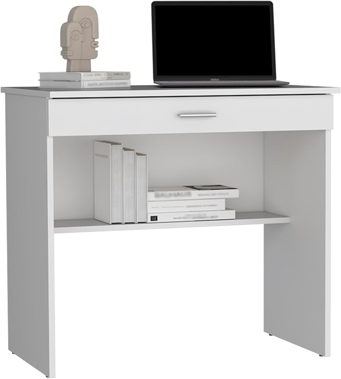 LIFE SKY White Writing Desk with Drawer: Modern Compact Design for Small Apartments - Wooden Study Table with Storage Shelf for Home Office &amp Creative Workspace