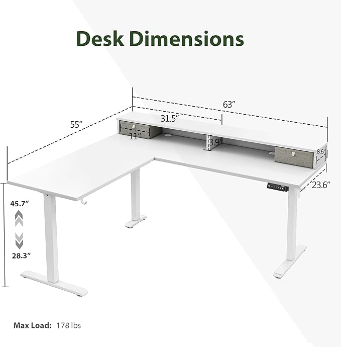 Agilestic L Shaped Electric Standing Desk with 2 Drawers 63 Inch Ergonomic Adjustable Height Desk with Storage Corner Desk Sit Stand up Computer Table for Work Office Home White