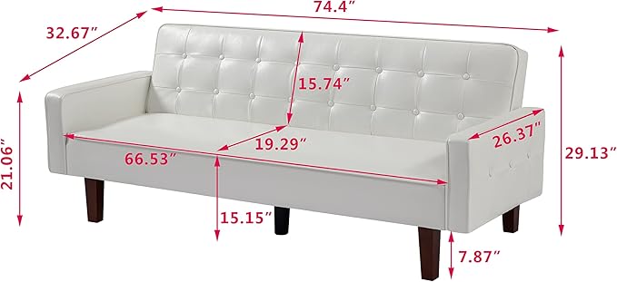 74.4 Faux Leather Couch Bed Sofa Bed Small Space Sleeper Couch with Adjustable Backrest Mid Century Modern Couches for Small Living Room Office Bedroom Apartment (White)