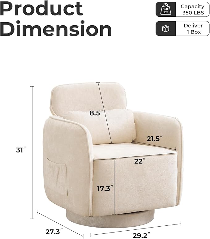 Modern 360°Swivel Accent Chair Set of 2 with Adjustable Headrest Round Swivel Barrel Chairs with Lumbar Pillow Vanity Chair for Makeup Comfy Living Room Armchair for Living Room Bedroom Beige