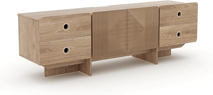 66 Fluted TV Stand Boho TV Consoles for Living Room Modern Entertainment Center with Storage Media Console Cabinet for 75 inch TV(Oak)