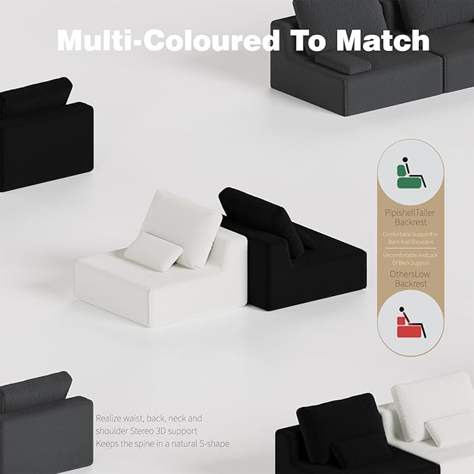 Modular Oversized Boneless Sectional Sofa - Convertible Compressed Couch Set Luxury Deep Foam Seat Free Combination &amp 3 Colors for Living Room (Grey 1 Seater)
