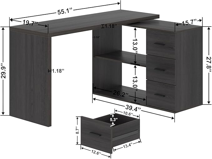 HSH L Shaped Desk with Drawers Shape Computer Storage Cabinet Shelves Reversible Modern Industrial Home Office Corner Desk Rustic Wood Executive Writing Gaming Study Table Gray 55 Inch