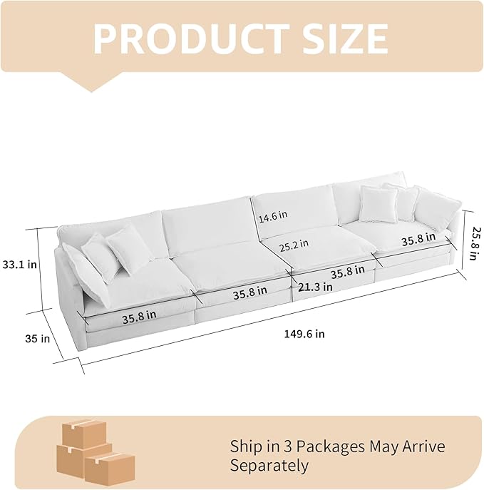 146.5 Green Modern Large Sectional Couches for Living Room Chenille Fabric Modular Sectional Sofa Oversized 4 Seater Cloud Couch for Apartment Deep Seat Sofas Set Sofa para Sala