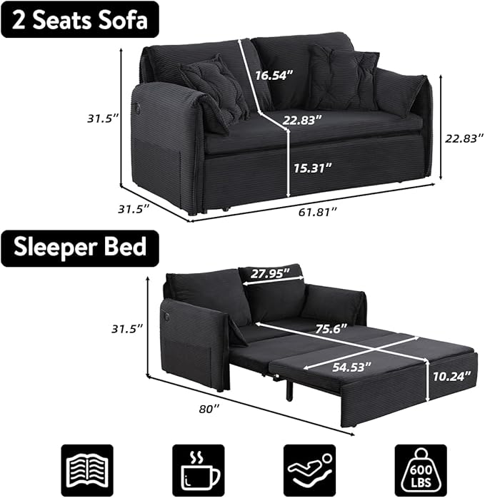 3 in 1 Sleeper Sofa Couch Bed Pull Out Couch Bed Oversized Loveseat Sofa Bed with Padded Armrest Upholstered Cloud Couch Sectional for Living Room (Corduroy Black)