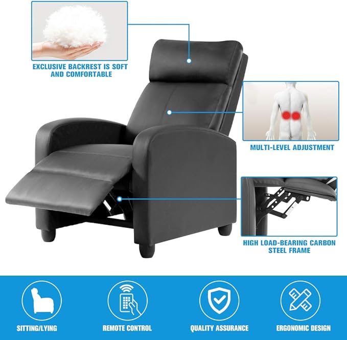 Recliner Chair for Living Room Massage Recliner Sofa Home Theater Seating Modern Reclining Chair Winback Single Sofa Reading Chair Easy Lounge with PU Leather Padded Seat Backrest (Black)