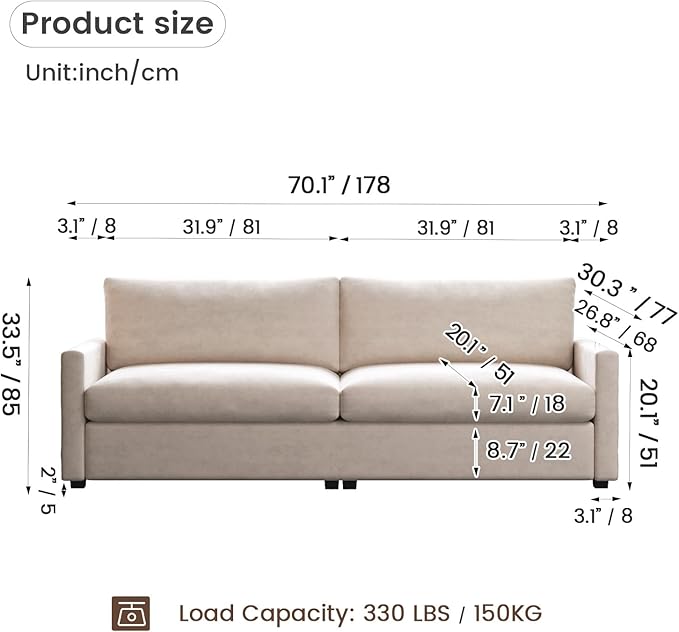 Modern Beige Fabric Loveseat Sofa with Deep Seat and Soft Cushions Office Couch Easy to Clean and Assemble Minimalist Premium Style for Office or Living Room Fits Small or Large Spaces