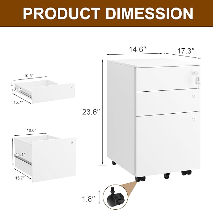Mobile File Cabinet with 3 Locks 3 Drawer File Cabinets for Home Office Under Desk Metal Filing Cabinet for A4/Letter/Legal Lockable Fully Assembled Except castors White