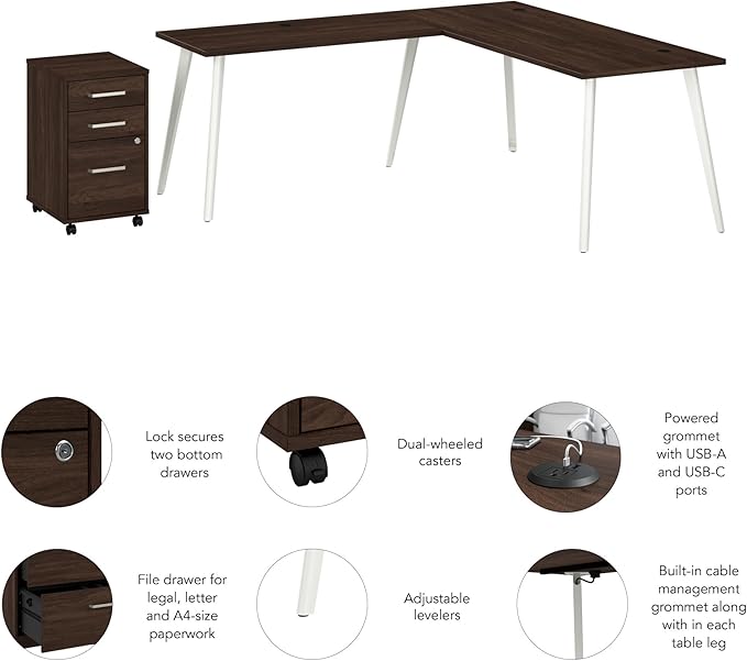 Bush Business Furniture L Shaped Computer Desk 72 inch with 3 Drawer Mobile File Cabinet Gaming Corner Table with Storage for Home Office Vista Collection Modern Dark Brown/White