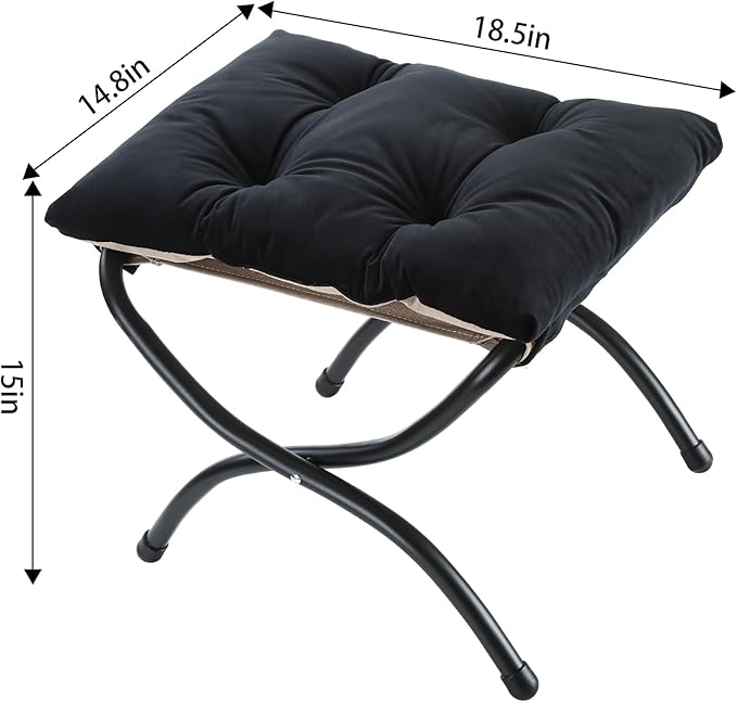 15 Foldable Foot Stool Ottoman with Metal Frame - Washable Black Upholstered Indoor/Outdoor Footrest for Living Room Bedroom Patio - Space-Saving Compact Design