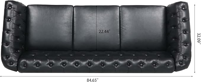 Chesterfield PU Leather Sofa Upholstered PU Sofa with Tufted Back Classic 3 Seater Leather Couch Rolled Arm for Living Room Office Black
