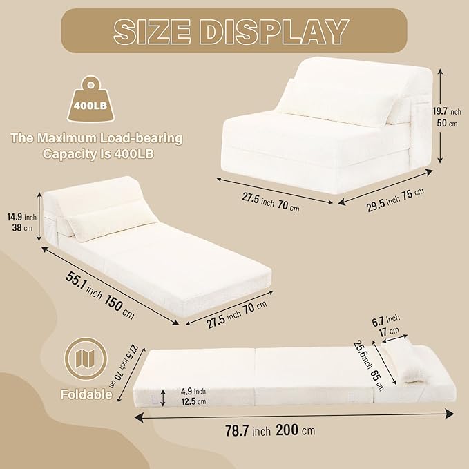 Tiita Convertible Folding Sofa Bed Single Size for Adults with Pillow Plush Fabric Floor Mattress Couch Bed Washable Cover &amp Side Pocket Guest Room Dorm Apartment Living Room Beige