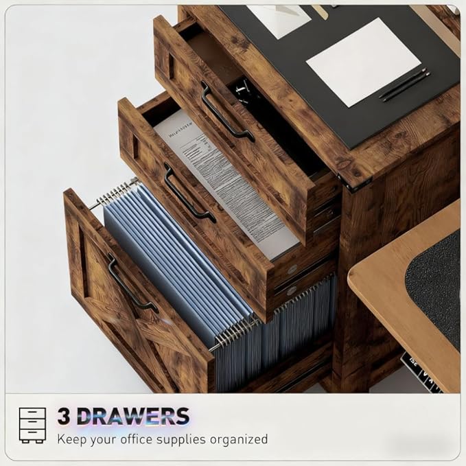 3 Drawer Small Vertical File Cabinet with Lock Under Desk Locking Storage Drawers Organizer for HomeOffice Filing CabinetsAssembly RequiredRusticBrown