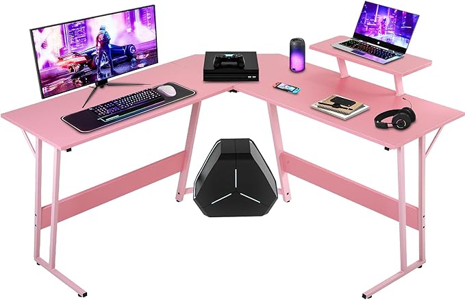 NChanmar L Shaped Gaming Desk with Monitor Riser Stand Home Office Corner Desk for Studying Working and Gaming Large Desktop Pink