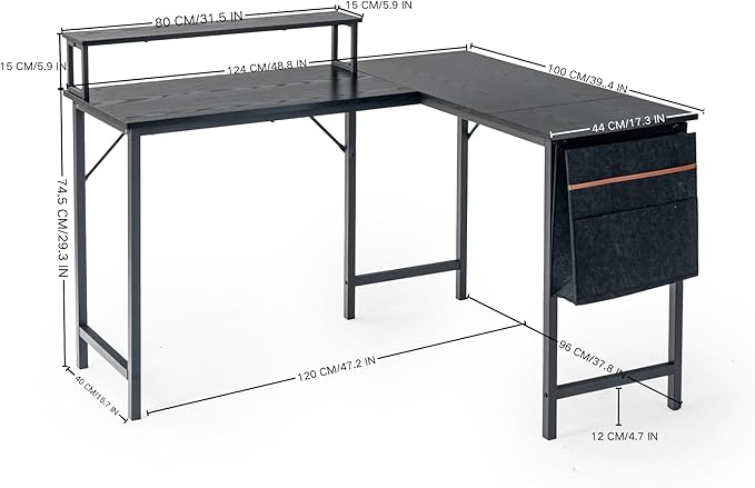 Homy Casa 48.8-Inch L-Shaped Computer Desk with Storage Bag and Desktop Rack – Durable Metal Frame Ample Storage Ideal for Home Office or Studio Use (Black)