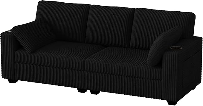 OUYESSIR 80 Loveseat Sofa for Living RoomModern Sofa with USB Charging Ports &amp Cup HoldersComfy Corduroy Couch with Upholstered Cushion3 Seater Deep Seat Couch for Small SpaceBedroom Black