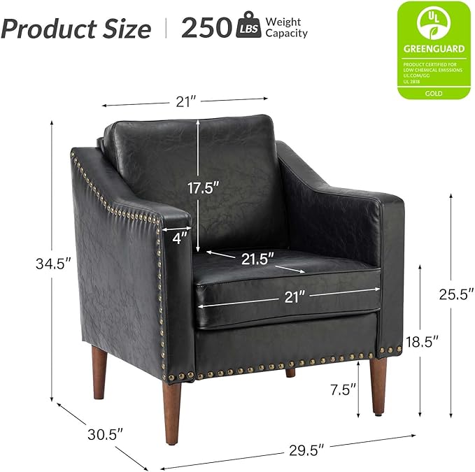 HULALA HOME Faux Leather Accent Armchairs Set of 2 with Back &amp Seat Cushions Traditional Club Chairs with Nailhead Trim Comfy Upholstered Sofa Chairs for Living Room Bedroom Black