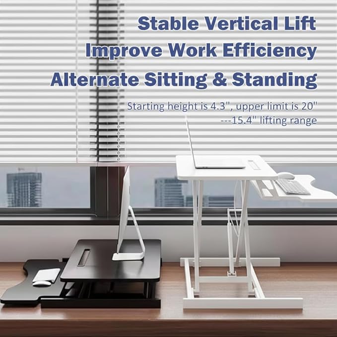 32 Inch Height Adjustable Stand Up Desk Riser Heavy Duty Computer Workstation with Removable Keyboard Tray - Ergonomic Design for Home Office Workshop Gaming Spacious Platform(White)