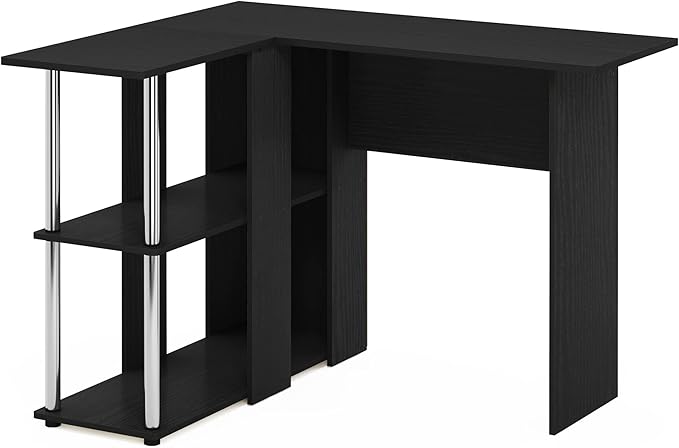 Furinno Abbott L-Shape Desk with Bookshelf Americano/Chrome