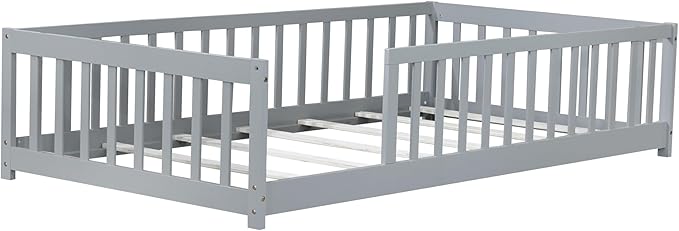 Bellemave Twin Floor Bed with Slats and Guardrails Wood Montessori Floor Beds with Fence Easy Assemble Floor Bed for Kids Girls Boys Gary