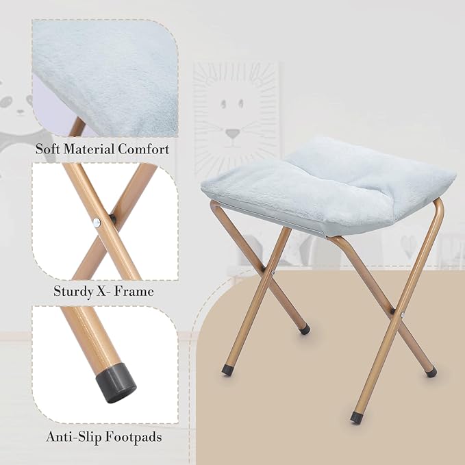 Athena Collection Round Saucer Chair with Ottoman Set of 2 for Adults Oversize Comfy Cozy Faux Fur Folding Reading Chair with Metal Leg Lazy Relaxing for Living Room Bedroom Dorm Apartment Blue